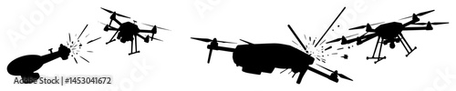 combat drones attacking with explosions silhouette
