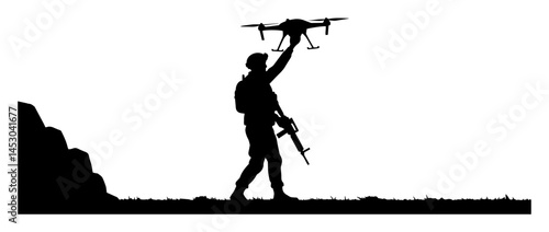soldier launching surveillance drone silhouette