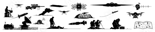 modern military technology equipment and drone operations silhouette vector shape laser cutting