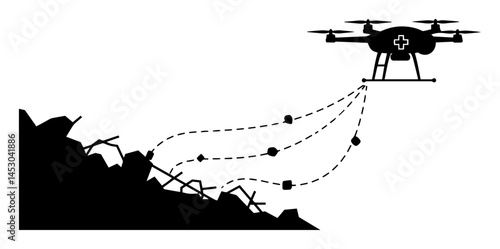 rescue drone retrieving wounded from rubble silhouette vector shape laser cutting
