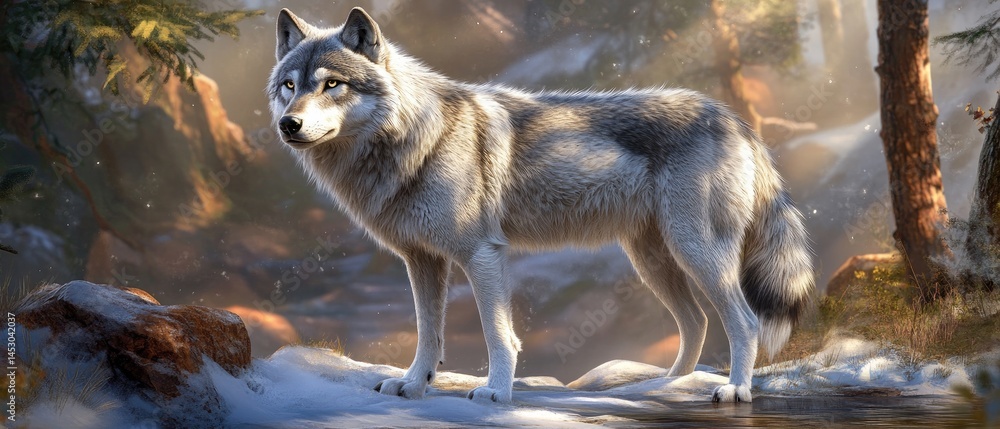 Majestic wolf in a winter forest scene.