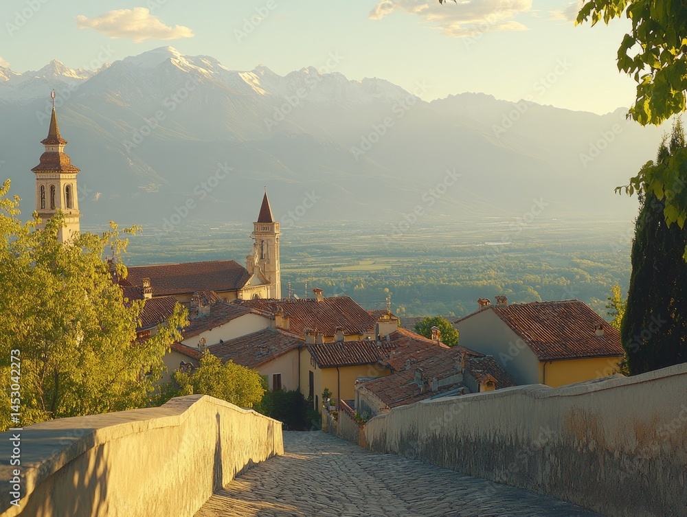 Picturesque village nestled in valley, with old buildings and tall spires.