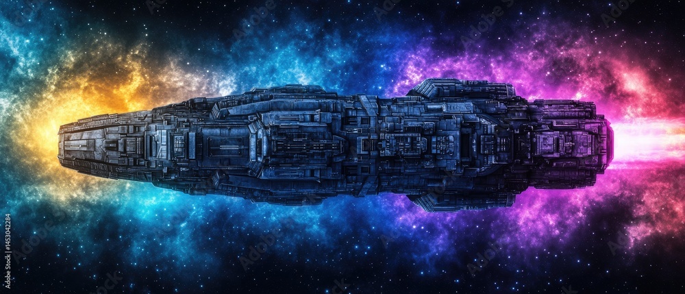 Massive interstellar vessel in a vibrant nebula.