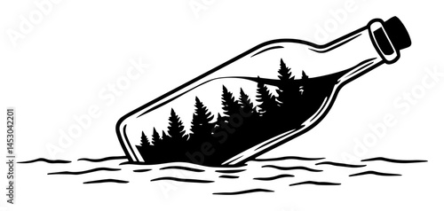 forest in bottle floating on water silhouette vector black shape