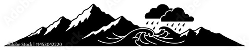 mountains with storm clouds and river flow silhouette vector black shape