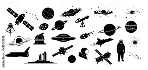 space exploration and astronomy silhouette icon set