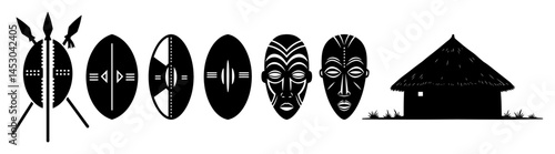 african tribal shields masks and hut silhouette vector