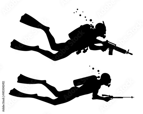 combat scuba divers with weapons silhouette vector