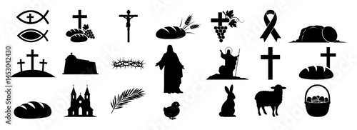easter and christian religious symbols silhouette icon set