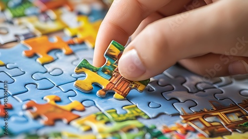 Hand Placing a Puzzle Piece: A hand carefully placing the last piece into a children’s puzzle, with the completed picture visible. 
