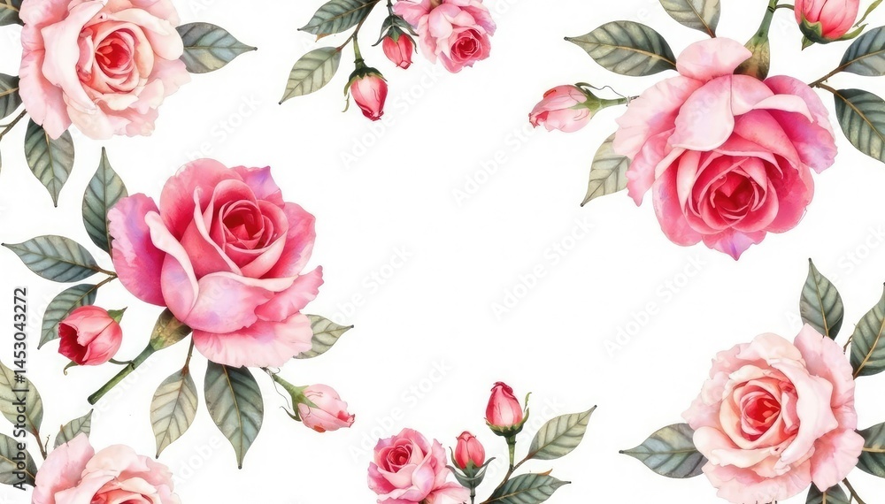 Naklejka premium Delicate watercolor roses & leaves, repeating pattern, rose pattern, botanical, seamless floral