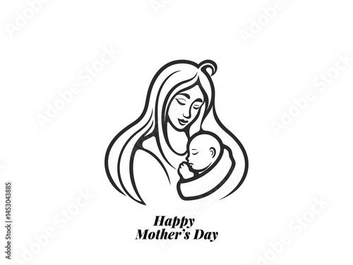 Mother’s Day Love Illustration  Simple Vector of Mom and Child Embrace in Line Art Style.