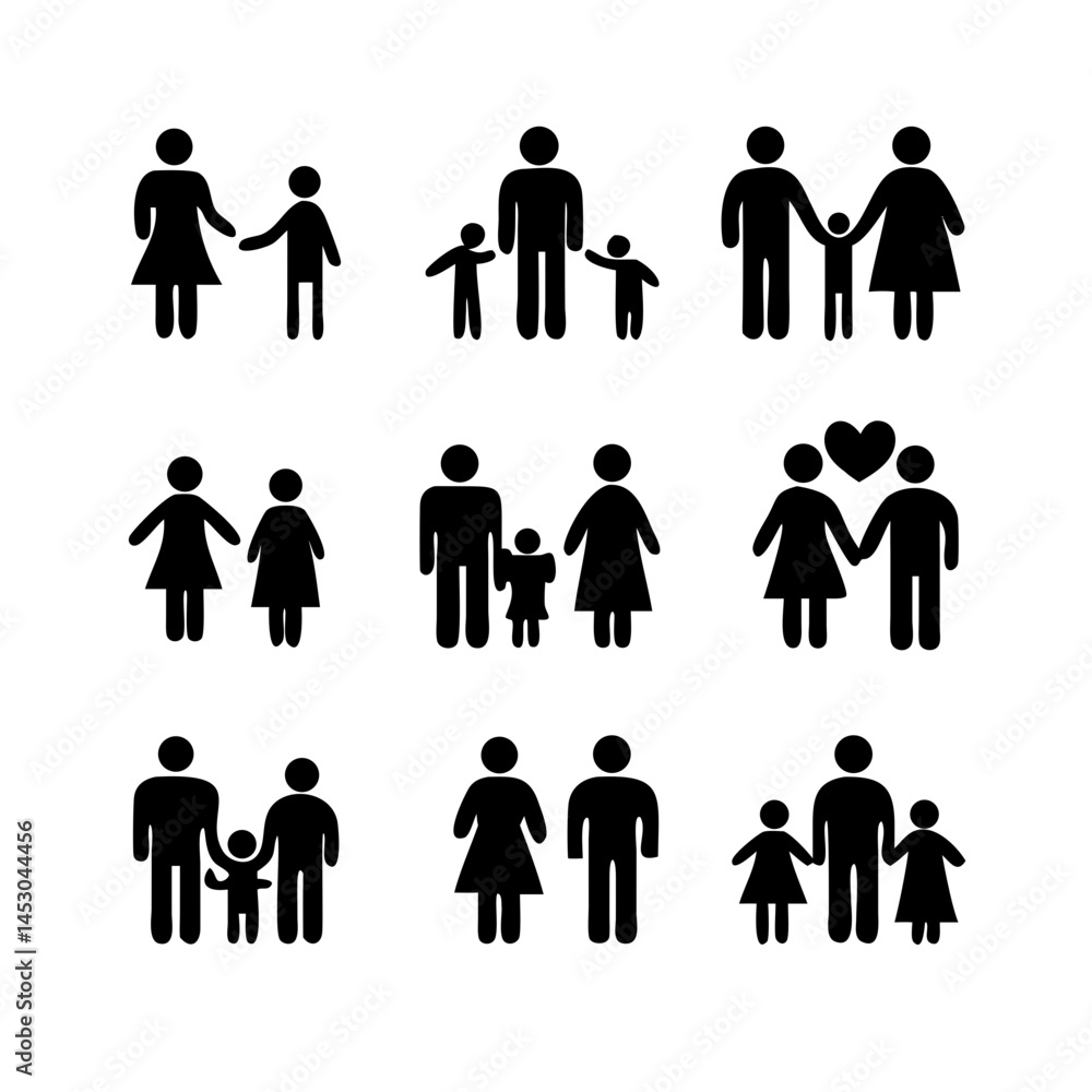 a set of icons depicting human figures, men, women, children, families, adults, families with children, the elderly, people in a wheelchair, with vision problems, health, flat vector illustration
a set of icons depicting human figures, men, women, children, families, adults, families with children, the elderly, people in a wheelchair, with vision problems, health, flat vector illustration