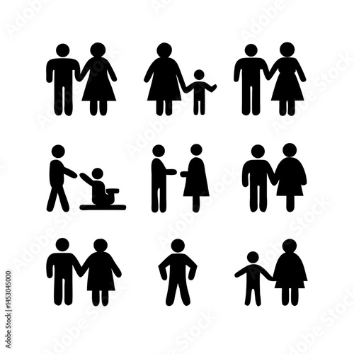 a set of icons depicting human figures, men, women, children, families, adults, families with children, the elderly, people in a wheelchair, with vision problems, health, flat vector illustration
