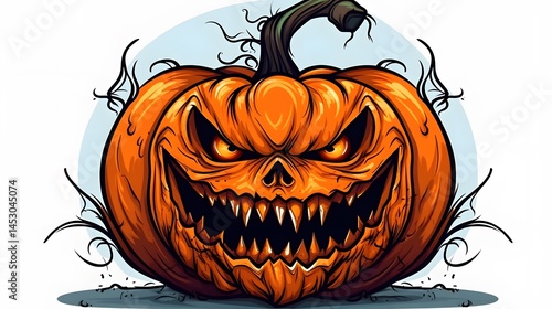 Hand-drawn Scary Pumpkin with Carved Face Sketch for Halloween Decoration