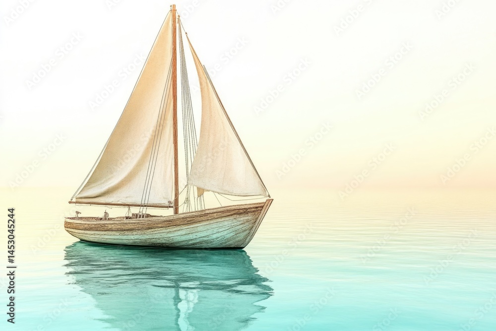 Fototapeta premium A serene sailboat glides across calm, turquoise waters under a soft, pastel sky.
