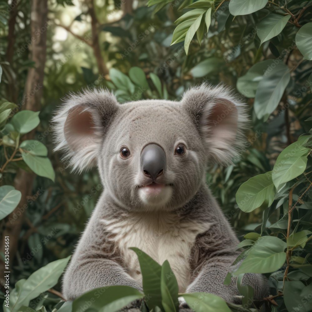 Fototapeta premium Adorable koala joey nestled amongst eucalyptus leaves, seamless repeat , eucalyptus pattern, australian fauna