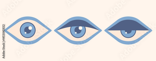 Vector set illustration of flat open and close eye in retro style. Vintage eye.