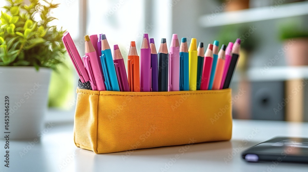 Fototapeta premium Vibrant colored pencils in a yellow fabric pencil case, near a potted plant on a desk by a window. on a transparent background, PNG image, PNG file.