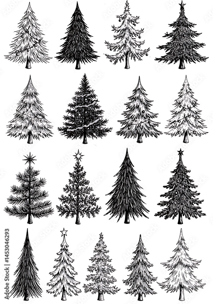 Fototapeta premium Hand-Drawn Christmas Trees: Monochrome Ink Sketch Collection AI Generated