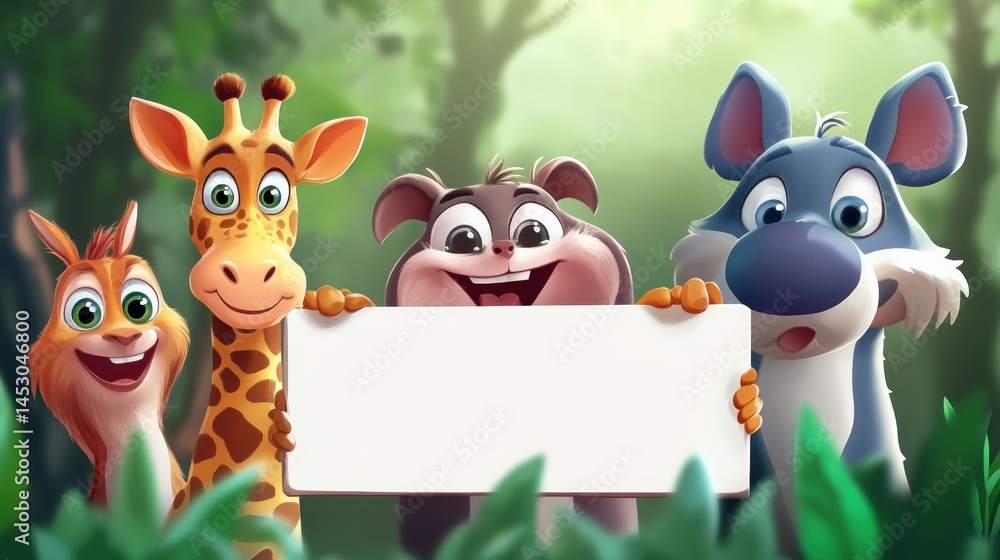Fototapeta premium Cartoon animals holding blank sign in jungle (11)