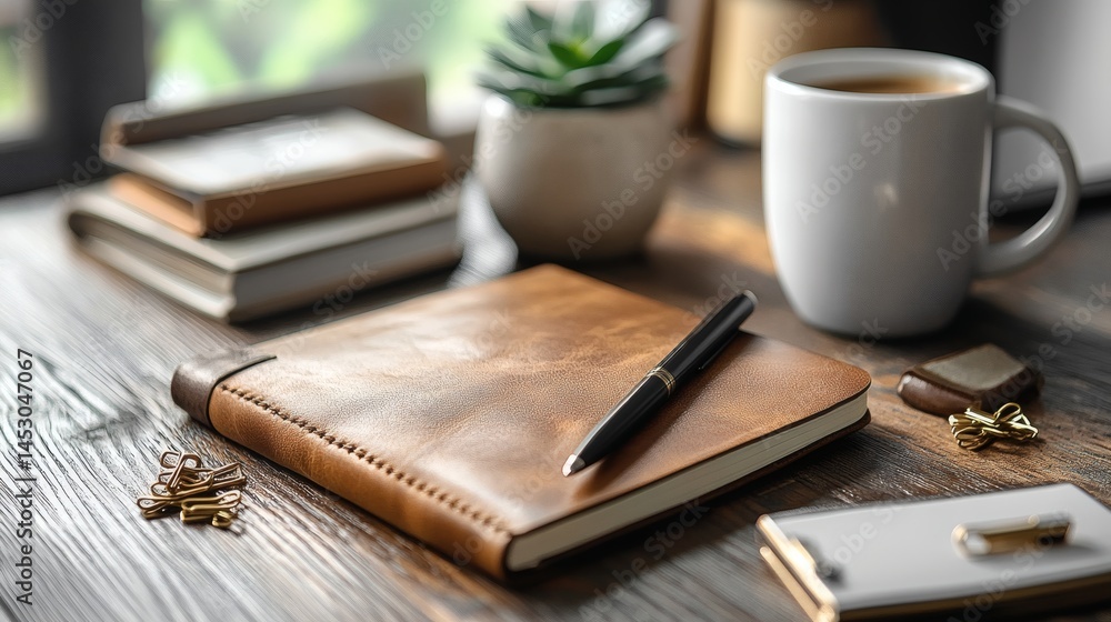 Fototapeta premium Cozy office setup featuring leather notebook, pen, coffee, succulent, and papers on wood table with window light. on a transparent background, PNG image, PNG file.