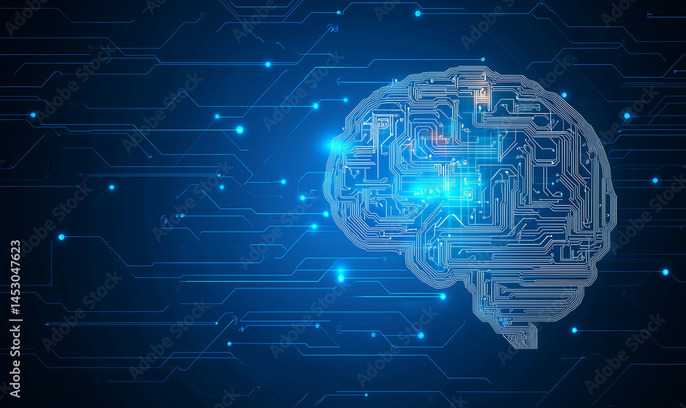 Fototapeta premium Abstract futuristic technology background with digital brain and circuit board elements on a blue color