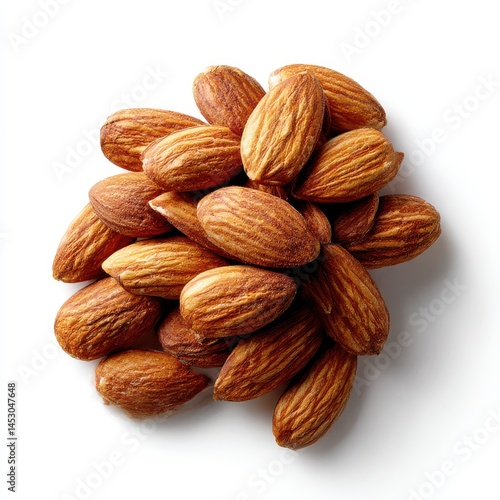 Pile of almonds close up shot on white background