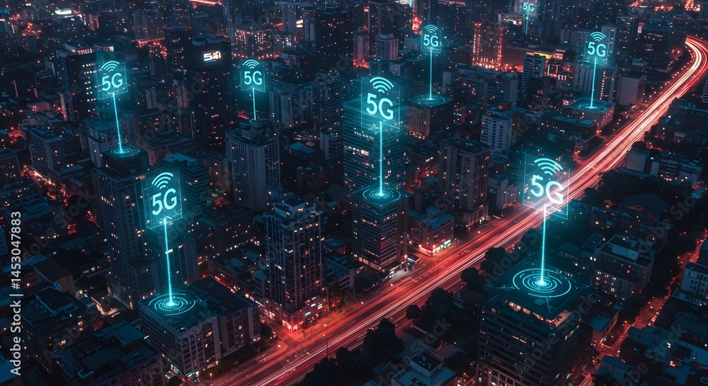 Obraz premium Futuristic 5G Technology Concept with Digital Network and High-Speed Connectivity