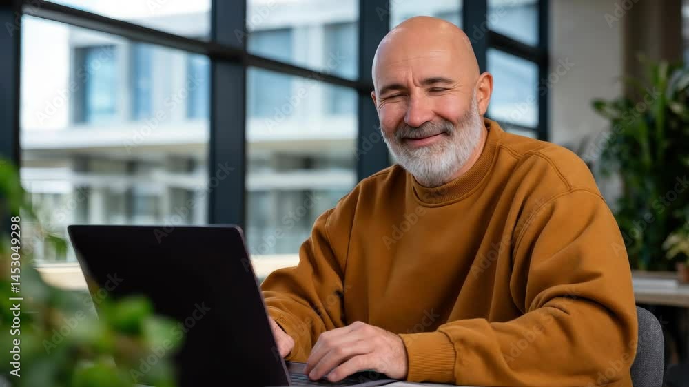 A man working on a laptop in a modern office with natural light and plants. A man working on a laptop in a modern office with natural light and plants.