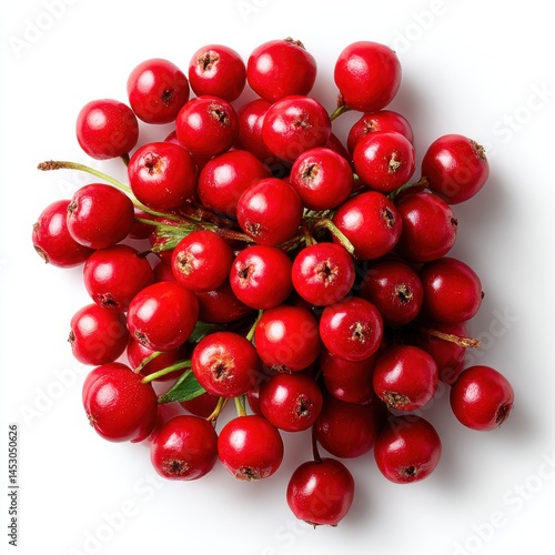 Pile of red hawthorn berries on white background