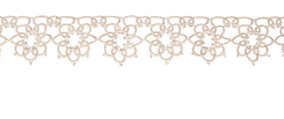 Crochet beige floral delicate cotton lace decorative trim isolated cutout on transparent