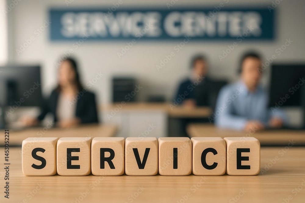 Wooden cubes composing the word service in a service center