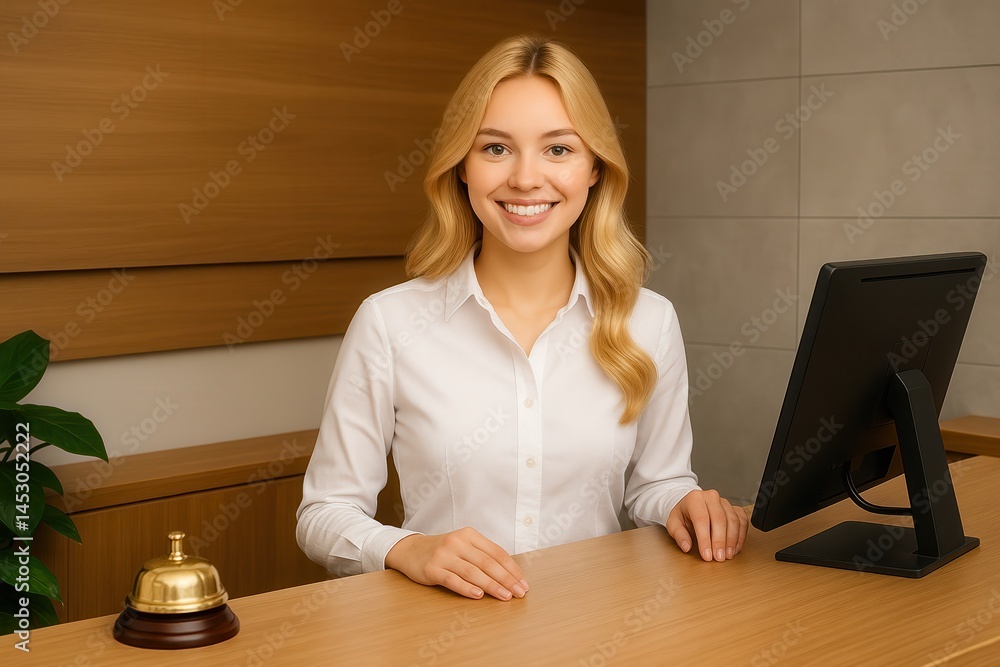 Smiling receptionist welcoming customers at hotel reception desk