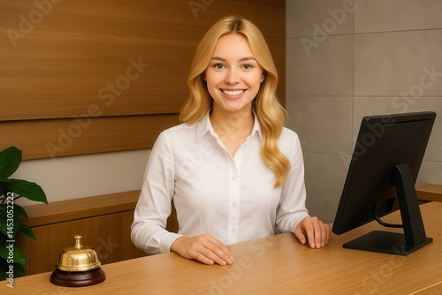 Obraz na płótnie Smiling receptionist welcoming customers at hotel reception desk w salonie