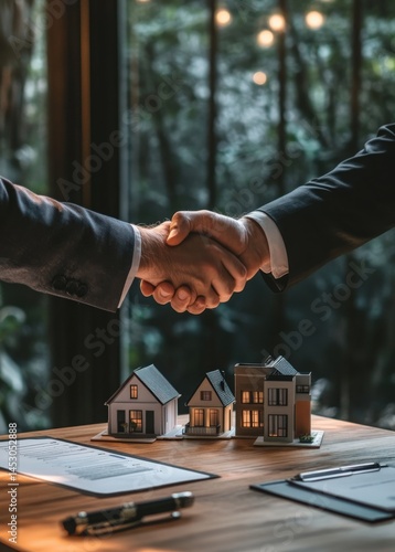 Businessmen shaking hands after signing a contract for a new house