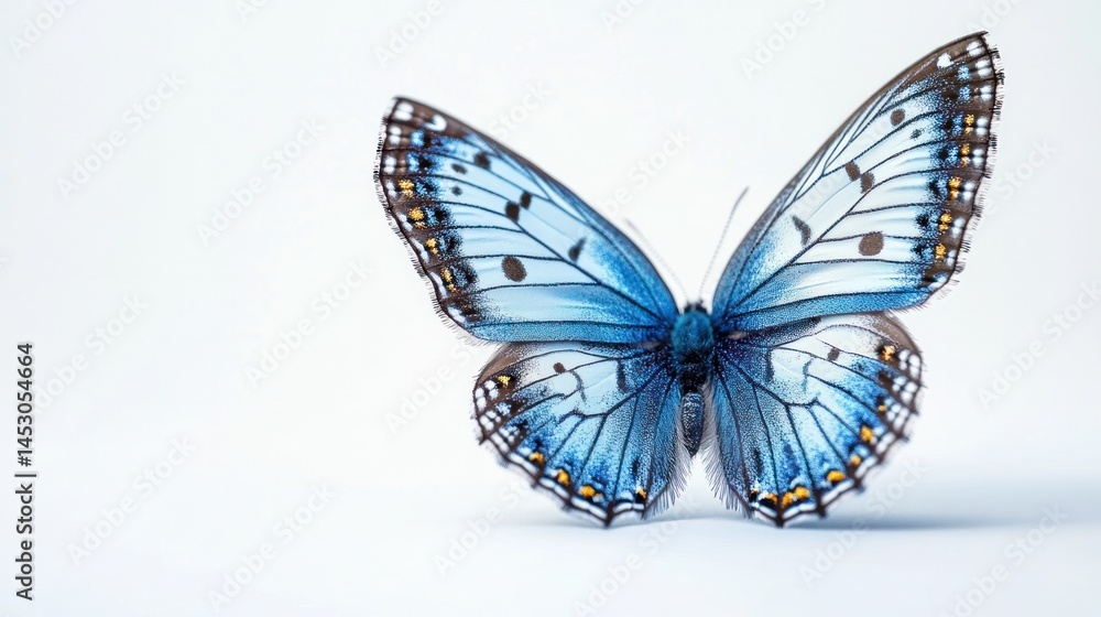 Fototapeta premium Captivating image of a vibrant blue butterfly with intricate patterned wings against a serene white background showcasing the delicate beauty and ethereal nature of this stunning insect