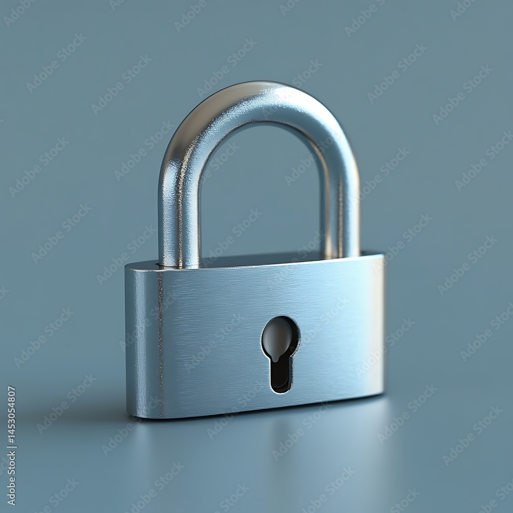 Fototapeta premium A shiny silver padlock on a muted light blue background