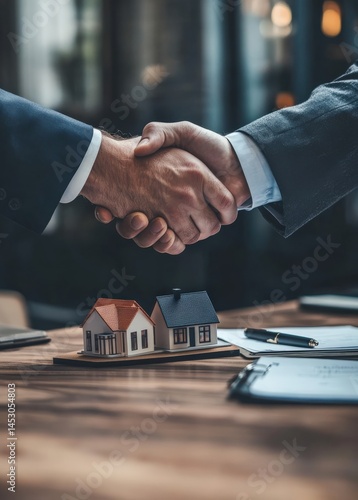 Businessmen shaking hands after signing a contract for a new house