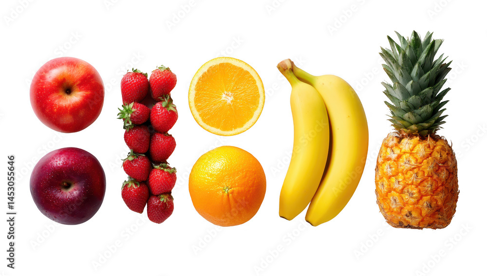 Apple, strawberry, banana, orange isolated topview mockup without background using for clean food purpose. Apple, strawberry, banana, orange isolated topview mockup without background using for clean food purpose.