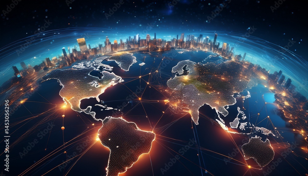 Fototapeta premium a futuristic depiction of earth showcasing illuminated cities and networks emphasizing global connectivity and technology