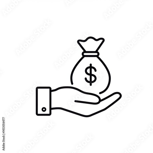 Hand holding money bag line art on white background