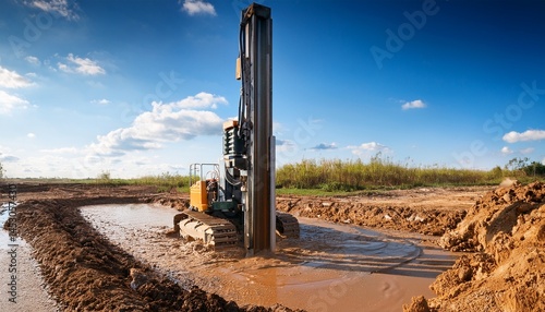 powerful water well drill in muddy construction area