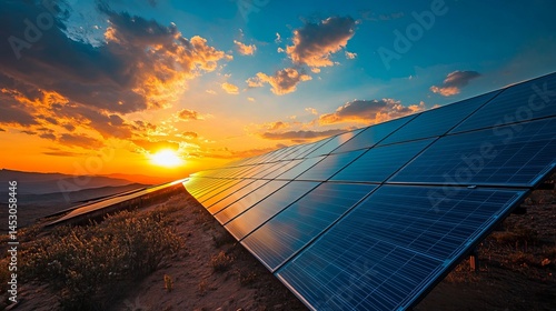 Fototapeta Naklejka Na Ścianę i Meble -  Stunning solar panels at sunset dramatic landscape view golden hour energy renewable power clean eco
