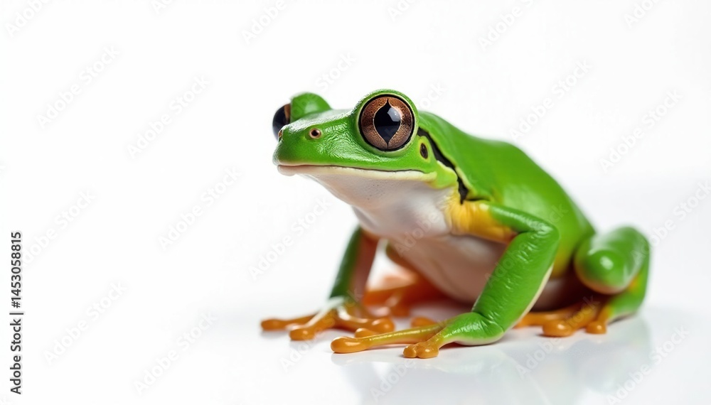 Green tree frog perched on white, vibrant skin, still, tropical, skin Green tree frog perched on white, vibrant skin, still, tropical, skin