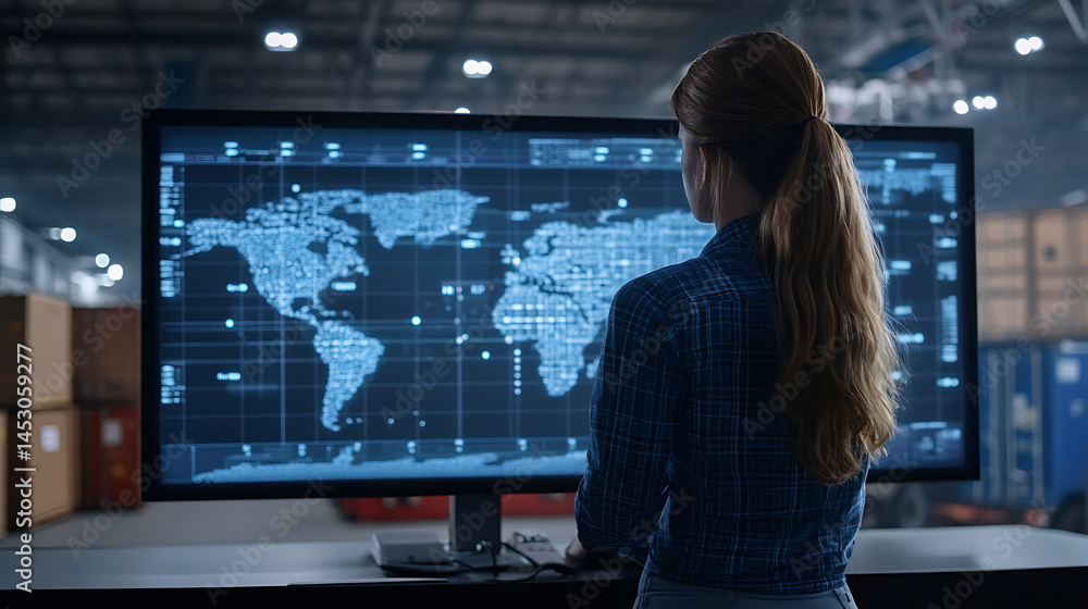 Woman analyzes world map data on a large screen in a warehouse or industrial setting. Logistics. Woman analyzes world map data on a large screen in a warehouse or industrial setting. Logistics.