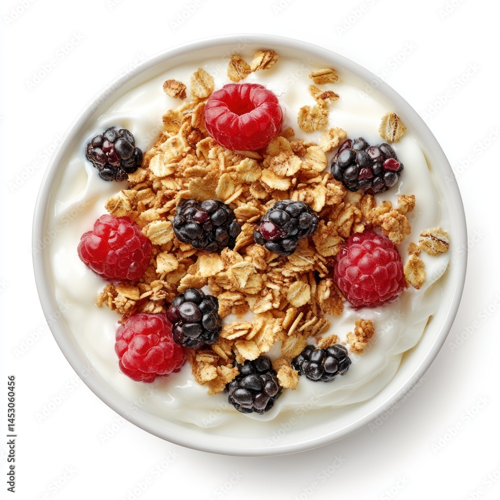Yogurt granola bowl with raspberries and blackberries healthy breakfast food Yogurt granola bowl with raspberries and blackberries healthy breakfast food