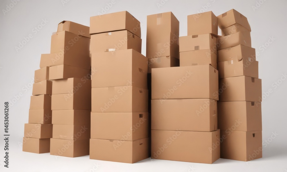 Neat stack of brown cardboard boxes on white background , product, packaging