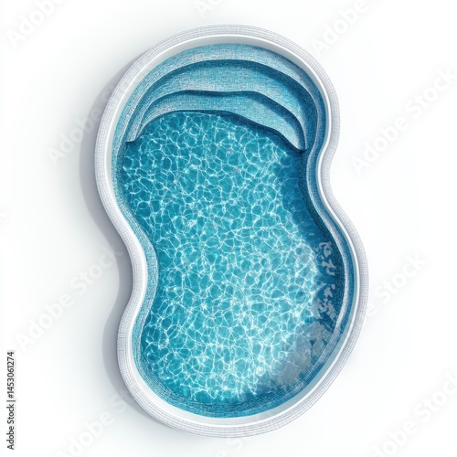 Swimming pool with steps and blue water, top view, isolated on white background