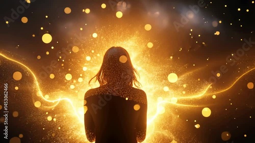 A silhouette of a woman surrounded by swirling orange particle effects, glowing energy trails, and soft bokeh lights in a dark ambient setting.	